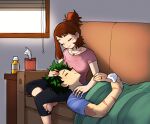  1boy 1girl barefoot bed_sheet blinds boku_no_hero_academia brown_hair closed_eyes collarbone couch couple dokidokicat green_hair hetero highres jewelry lap_pillow medicine messy_hair midoriya_izuku necklace on_couch ponytail scar sick sunlight uraraka_ochako window 