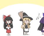  3girls apron ascot barefoot black_hair black_skirt black_vest blonde_hair bow braid broom chibi china_dress chinese_clothes detached_sleeves dress flower flower_on_head frilled_bow frilled_hair_tubes frills hair_bow hair_tubes hakurei_reimu hat jitome kirisame_marisa long_hair mata_(matasoup) multiple_girls musical_note purple_dress purple_flower red_shirt red_skirt segmented_comic shirt single_braid skirt sweatdrop touhou vest waist_apron white_apron white_background white_sleeves witch_hat yellow_ascot yomotsu_hisami 