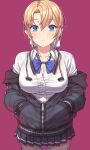  1girl blonde_girl_(itou) blonde_hair blue_bow blue_eyes bow bowtie braid breasts cleavage collarbone collared_shirt commentary commentary_request cowboy_shot earphones_removed expressionless french_braid grey_jacket hair_between_eyes hair_bow hands_in_pockets highres itou_(onsoku_tassha) jacket large_breasts light_frown looking_at_viewer loose_bowtie off_shoulder open_clothes original partially_unbuttoned partially_unzipped pink_background pleated_skirt raised_eyebrows shirt sidelocks simple_background skirt solo standing thighhighs white_bow white_shirt white_thighhighs 