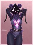  absurd_res anthro bear belt border breasts epic_games female fortnite fur hands_behind_head hi_res hood mammal navel no_irises purple_body purple_fur raven_team_leader royzaff9o7o shadow_face simple_background solo species_request thigh_gap 