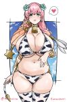  1girl alternate_costume animal_print artist_name bell bikini blonde_hair blue_flower blue_rose blush breasts cleavage commentary_request commission cow_print cow_tail earrings fake_tail fire_emblem fire_emblem_heroes flower gradient_hair gunnthra_(fire_emblem) hair_flower hair_ornament heart highres huge_breasts jewelry looking_at_viewer momoiro_tunozemi multicolored_hair navel neck_bell pink_hair rose skeb_commission solo stomach swimsuit tail thighhighs thighs twitter_username two-tone_hair 