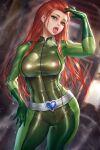  1girl blue_gemstone blurry blurry_background bodysuit breasts cowboy_shot gem green_bodysuit green_eyes heart_belt highres long_hair neoartcore paid_reward_available patreon_username red_hair sam_(totally_spies) solo tongue tongue_out totally_spies 