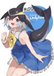  1girl bare_shoulders black_hair blonde_hair blowhole blue_dress blue_eyes blue_hair blush bow bowtie cetacean_tail common_dolphin_(kemono_friends) cowboy_shot dolphin_girl dorsal_fin dress fins fish_tail frilled_dress frills head_fins highres kemono_friends looking_at_viewer multicolored_hair noor7 open_mouth sailor_dress short_hair sleeveless smile solo tail white_hair wristband yellow_bow yellow_bowtie 