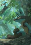  2boys animal_ears animal_feet animal_hands artist_name black_fur blue_fur body_fur closed_mouth commentary dappled_sunlight day eye_contact from_side furry furry_male green_background hand_on_own_knee happy highres ikei in_tree looking_at_another looking_down looking_up lucario male_focus multicolored_fur multiple_boys outdoors pokemon pokemon_(creature) profile red_eyes riolu signature sitting sketch smile snout solo_focus spikes sunlight tree wolf_boy wolf_ears yellow_fur 