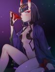  1girl breasts cup drinking fate/grand_order fate_(series) holding holding_cup horns navel oni_horns purple_background purple_eyes red_eyeliner revealing_clothes sakazuki short_hair shuten_douji_(fate) skin-covered_horns small_breasts solo wide_sleeves yurizuka_(sergeant_heart) 