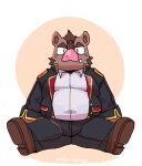  2023 anthro belly bottomwear brown_body clothing dubudubudubudub hermann_(knights_college) hi_res kemono knights_college male mammal overweight overweight_male pants shirt simple_background sitting solo suid suina sus_(pig) topwear wild_boar 