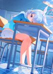  1girl absurdres arona_(blue_archive) bare_legs blue_archive blue_eyes blue_hair blue_pupils blue_shirt bow_hairband chair closed_mouth commentary_request desk dutch_angle full_body hair_ribbon hairband halo heart_halo highres humeiyo light_blue_hair long_sleeves midriff miniskirt multicolored_hair navel on_chair one_eye_closed pink_hair pink_halo pleated_skirt ribbon school_chair school_desk shirt shoes sitting skirt smile sneakers solo swept_bangs two-tone_hair white_footwear white_hairband white_ribbon white_skirt 