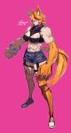  abs absurdres animal_ears blue_eyes breasts buffpup_(vtuber) collar fang highres large_breasts multicolored_hair muscular muscular_female orange_hair pink_background red_hair sheep_shin shoes shorts sneakers spiked_collar spikes tail tank_top virtual_youtuber werewolf wolf_ears wolf_tail 