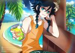  1boy absurdres apple_juice aqua_eyes beach black_hair blue_hair braid can contemporary flower genshin_impact gradient_hair green_shorts hair_flower hair_ornament highres holding holding_can lkari_shi male_focus multicolored_hair ocean orange_tank_top shorts smile solo tank_top teeth twin_braids venti_(genshin_impact) 