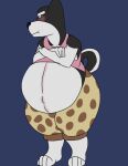  absurd_res anthro belly big_belly blush canid canine canis clothed clothing doggo_(undertale) domestic_dog fur hi_res male mammal pregnant pregnant_male sbeve_wagon shirt simple_background solo tank_top thick_thighs topwear undertale undertale_(series) white_body white_fur 