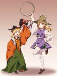  &gt;_&lt; 2girls alternate_costume animal_print arm_up black_footwear blonde_hair brown_footwear collared_shirt cosplay costume_switch detached_sleeves drum frog_print full_body gradient_background green_skirt hair_ribbon hat highres holding instrument long_hair long_skirt long_sleeves matara_okina matara_okina_(cosplay) miniskirt moriya&#039;s_iron_rings moriya_suwako moriya_suwako_(cosplay) multiple_girls open_mouth purple_skirt purple_vest pyonta red_ribbon ribbon shadow shikido_(khf) shirt shoes short_hair skirt sleeves_past_wrists standing standing_on_one_leg tabard teeth thighhighs tongue touhou tsuzumi turtleneck vest white_shirt wide_sleeves yellow_eyes zettai_ryouiki 