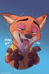  amadose anthro biped blue_background blush bodily_fluids canid canine clothed clothing disney fox fur genital_fluids green_eyes hi_res male mammal nick_wilde orange_body orange_fur simple_background solo sound_effects sweat tongue tongue_out zootopia 