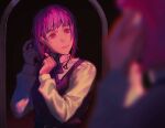  1girl adjusting_earrings blurry blurry_foreground chainsaw_man dress earrings fami_(chainsaw_man) fourth_east_high_school_uniform jewelry keibleh looking_at_mirror mirror mole mole_under_eye mole_under_mouth multiple_moles pinafore_dress pink_hair pink_theme school_uniform short_hair sleeveless sleeveless_dress solo tassel tassel_earrings 