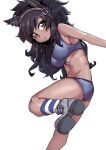  1girl :/ absurdres animal_ear_fluff animal_ears arm_at_side ass bare_arms bare_legs bare_shoulders black_hair breasts bridle brown_eyes brown_hair brown_thoroughbred_(kemono_friends) buruma closed_mouth covered_nipples dark-skinned_female dark_skin eyes_visible_through_hair flat_ass foot_up highres horse_ears japan_racing_association kemono_friends leaning_forward long_hair looking_at_viewer medium_breasts midriff multicolored_hair no_tail outstretched_arm shoes simple_background socks solo sports_bikini sports_bra sportswear stomach striped striped_socks takoongyi two-tone_hair very_long_hair white_background 
