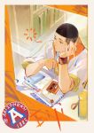  1boy bishounen black_eyes black_hair book bottle buzz_cut cassette_player cassette_tape desk earphones hand_on_own_head highres holding holding_pen indoors long_sleeves looking_to_the_side male_focus pen sawakita_eiji shirt short_hair sitting slam_dunk_(series) sleeves_rolled_up solo undercut very_short_hair vidave1 walkman water_bottle white_shirt 