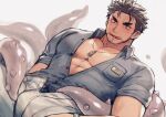  1boy bara black_hair black_shirt dagon_(housamo) facial_hair grey_pants hozu_(hozumi) jewelry large_pectorals looking_at_viewer male_focus muscular muscular_male necklace pants partially_unbuttoned pectorals shirt short_hair simple_background solo tentacles tentacles_on_male tokyo_afterschool_summoners tongue tongue_out 
