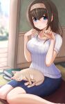  1girl animal_on_lap argyle_hairband black_hair blue_eyes blush book breasts cat cat_on_lap hair_between_eyes hairband highres idolmaster idolmaster_cinderella_girls idolmaster_cinderella_girls_starlight_stage jewelry karl large_breasts long_hair looking_at_viewer on_lap paw_pose pendant ribbed_sweater sagisawa_fumika sitting sweater 