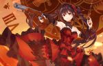  1girl antique_firearm bare_shoulders black_hair breasts clock clock_eyes date_a_live date_a_live:_date_a_bullet detached_sleeves dress firelock flintlock gun hairband heterochromia lolita_fashion lolita_hairband looking_at_viewer medium_breasts red_dress red_eyes rifle roman_numeral ros_e_8 smile symbol-shaped_pupils tokisaki_kurumi twintails two-tone_dress weapon 