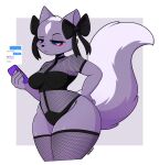  2023 absurd_res accessory aggressive_retsuko anthro black_clothing blue_eyes bow_ribbon breasts clothing female fishnet fishnet_clothing fishnet_legwear fishnet_topwear fluffy fluffy_tail fur hi_res iamkat95 legwear mammal mephitid purple_body purple_fur sanrio shikabane skunk skunk_tail solo tail thick_thighs topwear 