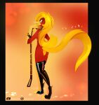  absurd_res anthro avian beak bird butt chrysolophus collar feathers galliform glori_gamebird golden_pheasant hair hi_res latex_stockings leash light lighting long_hair long_tail male phasianid red_body red_feathers shiny_latex solo tail voidshark_(artist) yellow_beak yellow_body yellow_feathers 