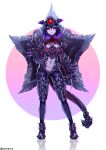  1girl absurdres black_hair black_sclera colored_sclera contrapposto full_body gradient_hair highres looking_at_viewer monster_girl multicolored_hair navel personification phantasy_star phantasy_star_online_2 purple_hair red_eyes reflection samael_(5211) short_hair solo standing tail two-tone_hair 