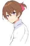 1boy alternate_hairstyle brown_hair closed_mouth commentary_request eyes_visible_through_hair from_side frown hair_between_eyes hair_ribbon higurashi_no_naku_koro_ni looking_at_viewer maebara_keiichi male_focus pink_ribbon purple_eyes ribbon shirt short_hair short_twintails shy simple_background solo suzuragi_karin sweatdrop twintails twintails_day upper_body wavy_mouth white_background white_shirt 