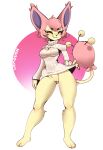  anthro blush bottomless bottomless_anthro bottomless_female breasts clothed clothing eyes_closed female front_view generation_3_pokemon genitals hi_res honowyn nintendo pink_body pokemon pokemon_(species) pokemorph pussy skitty smile solo yellow_body 