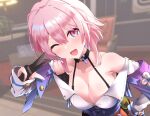  ;d absurdres archery_shooting_glove armpits astral_express_(honkai:_star_rail) black_choker blue_eyes blue_jacket blurry blurry_background blush breasts choker cleavage collarbone collared_shirt earrings flower_ornament gradient_eyes halter_shirt halterneck highres honkai:_star_rail honkai_(series) jacket jewelry large_breasts long_sleeves march_7th_(honkai:_star_rail) medium_hair multicolored_eyes one_eye_closed open_mouth pink_eyes pink_hair shirt single_earring smile tetori_(tetolisto) textless_version three-finger_salute tied_jacket two-tone_eyes upper_body white_shirt white_sleeves 