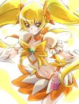  1girl artist_name blonde_hair choker clear_glass_(mildmild1311) commentary_request cure_sunshine earrings eyelashes hair_ornament hair_ribbon happy heartcatch_precure! highres jewelry long_hair looking_at_viewer magical_girl midriff myoudouin_itsuki navel precure puffy_short_sleeves puffy_sleeves ribbon short_sleeves signature skirt smile solo standing twintails twitter_username wrist_cuffs yellow_choker yellow_eyes yellow_skirt yellow_theme 