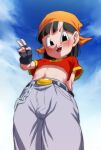  1girl :d bandana belt black_belt black_eyes black_gloves black_hair chain commentary_request dragon_ball dragon_ball_gt fingerless_gloves gloves grey_pants looking_at_viewer midriff navel open_mouth orange_bandana pan_(dragon_ball) pants red_shirt rom_(20) shirt short_hair smile solo teeth v 