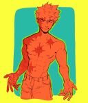  1boy abs bakugou_katsuki blue_background boku_no_hero_academia border commentary cowboy_shot cropped_legs green_outline groin habkart highres limited_palette looking_at_viewer male_focus navel nipples outline outside_border pants pectorals scar scar_on_arm scar_on_chest scar_on_face short_hair simple_background solo spiked_hair toned toned_male topless_male yellow_border 