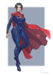  1girl absurdres artist_name black_eyes black_hair blue_bodysuit blurry blurry_background bodysuit breasts cape cirenk dated dc_comics full_body highres large_breasts looking_at_viewer red_cape short_hair signature simple_background skin_tight solo supergirl superman_(series) 