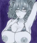  1girl arm_up bikini blue_background blush commentary finger_to_mouth greyscale_with_colored_background hair_between_eyes hair_bobbles hair_ornament highres medium_hair micro_bikini monochrome nipples onozuka_komachi solo swimsuit touhou two_side_up upper_body washiwa 