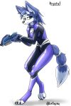  2:3 absurd_res anthro belt blue_body blue_fur canid canine clothing female fox fur gem green_eyes gun hi_res krystal laspyke mammal markings nintendo purple_clothing purple_suit ranged_weapon ring_(marking) ringtail rubber rubber_clothing rubber_suit serious simple_background solo spacesuit star_fox suit tail tail_markings weapon white_background white_body white_fur worried worried_look 