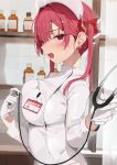  1girl absurdres alternate_costume blush bottle breasts earrings fangs from_side gloves hat heart heart_earrings heterochromia highres holding_stethoscope hololive houshou_marine id_card jewelry large_breasts long_sleeves looking_at_viewer nurse nurse_cap open_mouth pomesaurus red_eyes red_hair shelf shirt solo sweat twintails virtual_youtuber white_gloves white_shirt 