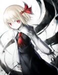  1girl ascot bangs black_skirt black_vest blonde_hair closed_mouth collared_shirt darkness frilled_shirt_collar frills hair_between_eyes hair_ribbon highres long_sleeves red_ascot red_eyes red_ribbon ribbon rumia shirt short_hair skirt solo spark621 touhou vest white_shirt 