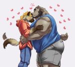  &lt;3 2023 anthro bear beard black_facial_hair blonde_mane blue_clothing blue_shirt blue_tank_top blue_topwear blush bottomwear brown_body brown_countershading brown_fur brown_spots clothed clothing colored countershade_snout countershading denim denim_clothing dipstick_tail duo ena_(lm) eyes_closed facial_hair fully_clothed fur gloves_(marking) grey_body grey_bottomwear grey_clothing grey_fur grey_shorts hi_res hoodie hyena interspecies jeans kissing kumagaya_shin love_mechanic male male/male mammal mane markings monotone_body monotone_fur multicolored_body multicolored_fur muscular muscular_anthro muscular_male pants pink_clothing pink_hoodie pink_topwear shirt shorts side_view sideburns simple_background size_difference small_tail smile snaggle_tooth snout spots spotted_body spotted_fur tail tail_markings tail_motion tailwag tank_top tom_(lm) topwear two_tone_body two_tone_fur white_background 