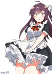  1girl absurdres ahoge alternate_costume apron black_dress blush brown_eyes dress enmaided frilled_apron frilled_dress frills hagikaze_(kancolle) highres kantai_collection long_hair maid maid_apron maid_headdress one_side_up puffy_short_sleeves puffy_sleeves purple_hair robinson_(day_l_full) short_sleeves solo twitter_username waist_apron white_apron wrist_cuffs 