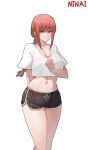  1girl absurdres bare_arms bare_legs black_shorts braid braided_ponytail chainsaw_man highres looking_at_viewer makima_(chainsaw_man) navel ninai ponytail red_eyes red_hair ringed_eyes short_shorts shorts smile symbol-shaped_pupils tank_top teeth white_background white_tank_top 