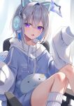  1girl absurdres amane_kanata angel angel_wings animal_ear_headphones animal_ears cat_ear_headphones colored_inner_hair fake_animal_ears feathered_wings fuyoyo grey_hair halo headphones highres hololive multicolored_hair purple_eyes sitting sleeves_past_fingers sleeves_past_wrists socks solo stuffed_animal stuffed_toy swivel_chair upao_(amane_kanata) virtual_youtuber white_socks wings zipper 