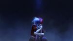  2girls absurdres amekoi arcane:_league_of_legends arcane_jinx arcane_vi arm_tattoo bandaged_arm bandaged_hand bandages black_pants blue_hair braid cloud_tattoo cowboy_shot from_behind gradient_background highres hug jacket jinx_(league_of_legends) league_of_legends long_hair multiple_girls open_clothes open_jacket pants red_hair red_jacket red_lips short_hair short_sleeves siblings sisters striped striped_pants tattoo twin_braids twintails vi_(league_of_legends) 