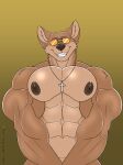 2022 abs absurd_res anthro anthrofied areola artist_name aviator_glasses biceps biped brown_areola brown_eyebrows brown_nipples brown_nose canid canine canis cheek_tuft colored copyright_symbol countershade_face countershade_torso countershading coyote cross cross_necklace dated deltoids digital_drawing_(artwork) digital_media_(artwork) eyebrows eyewear eyewear_only facial_tuft fangs front_view fur gradient_background half-length_portrait head_tilt hi_res inner_ear_fluff jewelry looking_at_viewer looking_down looking_down_at_viewer male mammal muscular muscular_anthro muscular_male neck_tuft necklace necklace_only nipples nude open_mouth open_smile orange_eyewear orange_sunglasses pecs portrait prick_ears rebel_nightwolfe scp-2547-1 scp_foundation shoulder_tuft simple_background smile solo sunglasses sunglasses_only symbol tan_body tan_fur tan_tuft teeth triceps tuft yellow_background 