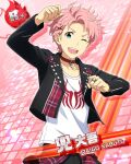  1boy ;d ahoge blue_eyes card_(medium) character_name fingernails idolmaster idolmaster_side-m jacket jewelry kabuto_daigo leather leather_jacket official_art one_eye_closed open_clothes open_jacket pink_background pink_hair ring shirt smile solo teeth upper_teeth_only white_shirt 
