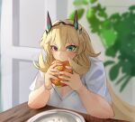  1girl absurdres barghest_(fate) blonde_hair blush bracelet breasts burger cleavage dress eating fairy_knight_gawain_(dream_portrait)_(fate) fate/grand_order fate_(series) food green_eyes heterochromia highres horns huge_breasts jewelry long_hair muscular muscular_female obazzotto plate red_eyes short_sleeves solo white_dress 