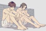  2boys absurdres barefoot black_hair boxers brick_wall closed_eyes closed_mouth commentary_request dated frown full_body hair_between_eyes hand_up highres male_focus male_underwear multiple_boys parted_bangs red_hair sein_(sousou_no_frieren) short_hair sitting smoke smoking sousou_no_frieren stark_(sousou_no_frieren) takehide twitter_username underwear underwear_only 