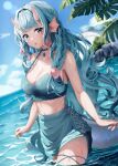 1girl aqua_bikini aqua_eyes aqua_hair arms_at_sides awato bare_shoulders beach bikini braid breasts cleavage closed_mouth collarbone commission day fins head_fins highres horns large_breasts looking_at_viewer midriff original outdoors sarong single_braid solo swimsuit wading wet 