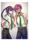  2boys belt black_belt braid braided_ponytail breast_pocket brown_belt brown_eyes buttons commentary_request cowboy_shot dark_skin dot_nose ensemble_stars! fingernails green_necktie hair_between_eyes hand_on_own_hip highres index_finger_raised kanzaki_souma long_hair looking_at_viewer male_focus multiple_boys necktie open_collar otogari_adonis pants partial_commentary plaid plaid_pants pocket purple_eyes purple_hair school_uniform shirt short_hair short_sleeves single_braid smile teeth user_vzxu4543 white_shirt yumenosaki_school_uniform 