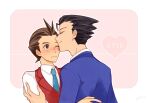  2boys ace_attorney antenna_hair apollo_justice black_hair blue_jacket blue_necktie blush brown_eyes brown_hair buttons closed_eyes closed_mouth collared_shirt fingernails forked_eyebrows hand_on_another&#039;s_arm hand_on_another&#039;s_back heart highres jacket kaji_sayaka_(chouchou387) kiss lapels looking_at_another male_focus multiple_boys necktie one_eye_closed phoenix_wright pink_background profile red_vest shirt short_hair simple_background spiked_hair suit_jacket vest white_shirt yaoi 