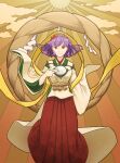  1girl alternate_costume blue_hair closed_mouth cloud cloudy_sky looking_at_viewer medium_hair orange_background red_eyes red_skirt rope shi_o_musubi shimenawa skirt sky solo sun touhou wide_sleeves yasaka_kanako yellow_background 