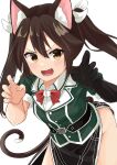  absurdres animal_ears bow bowtie brown_eyes brown_hair cat_ears cat_tail commentary_request curled_fingers elbow_gloves fang gloves green_shirt hair_between_eyes hair_ribbon highres kantai_collection leaning_forward long_hair osmium-76 pelvic_curtain red_bow red_bowtie ribbon shirt side_slit simple_background single_elbow_glove tail tone_(kancolle) tone_kai_ni_(kancolle) twintails white_background white_ribbon 